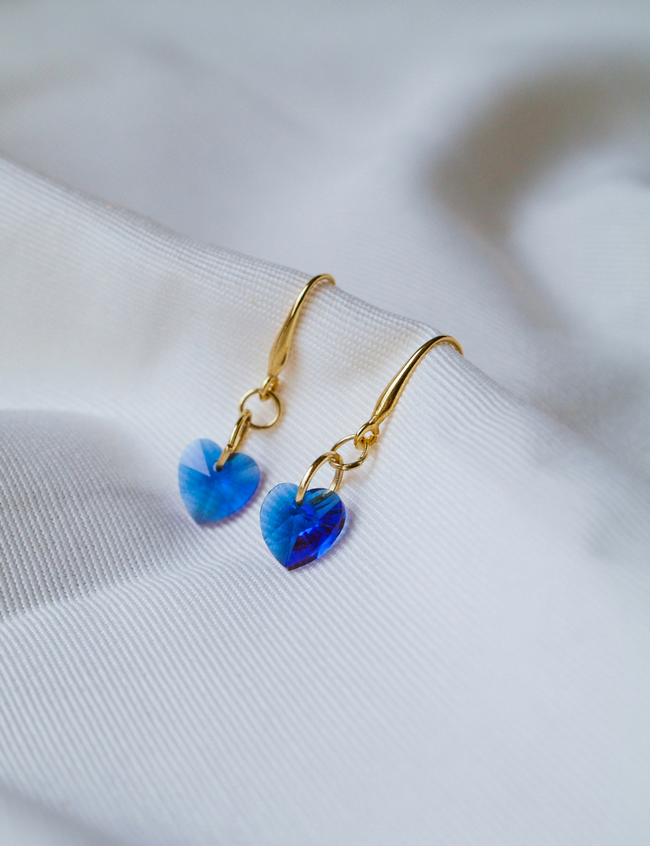 Pendants coeur cristal bleu or